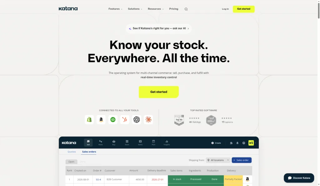 Katana cloud inventory homepage with sales orders dashboard