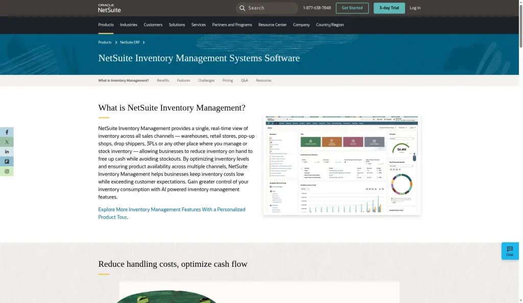 NetSuite Inventory Management product page with inventory dashboard KPIs and charts